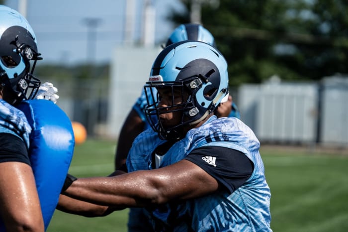 Rhode Island offensive lineman Ajani Cornelius during a practice in 2021.